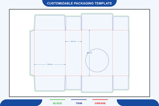Rectangular food box packaging dieline template with circular window, featuring labeled bleed, trim, and crease lines with precise millimeter measurements
