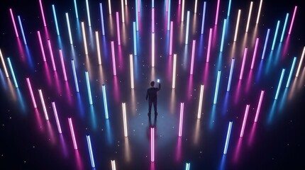 Obraz premium Professional standing amidst a futuristic forest of glowing neon light pillars representing data visualization and network connectivity in cyberspace