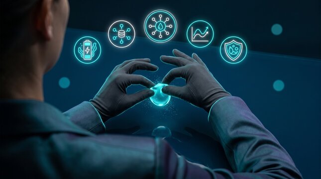 Scientist in lab coat using haptic gloves to manipulate glowing digital sphere with floating icons representing sustainable energy and data security