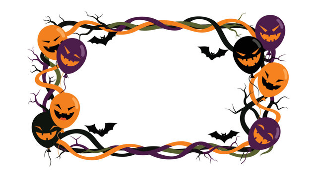 Spooky Halloween Frame: A whimsical frame adorned with grinning jack-o'-lantern balloons, shadowy bats, and gnarled branches, perfect for creating eerie invitations or festive decorations.