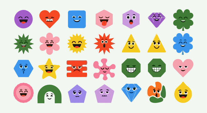 Colorful geometric character icons with various funny expressions and shapes for creative graphic design and social media projects
