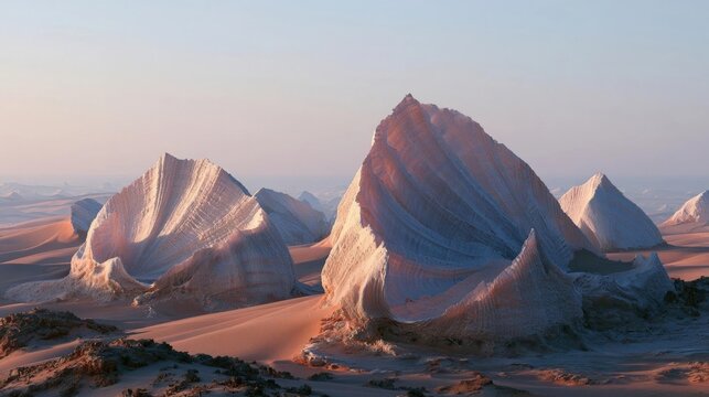 Vast desert landscape with a group of large, jagged mountains in the background. the mountains are covered in a layer of white sand, with some areas appearing to be eroded and eroded.