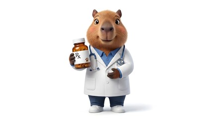 Obraz premium Cute 3D Capybara Doctor Holding Medicine Bottle