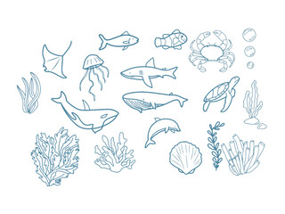 Fototapeta premium Ocean Life Doodle Art Set with Whale Shark Turtle Corals and Sea Plants Vector Line Art