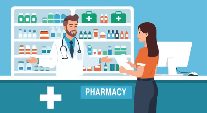 Professional male pharmacist in white coat providing medical advice and prescription medicine to a female customer at a pharmacy counter