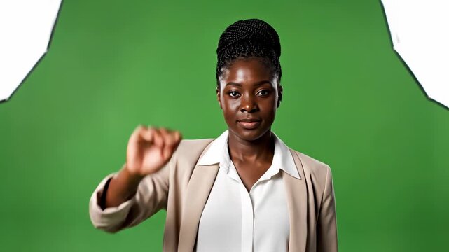Woman waving hand in a professional setting during a green screen shoot for business communication