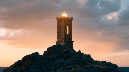 Naklejka premium Ancient coastal lighthouse glows warmly at sunset a serene island landscape evokes timeless wonder