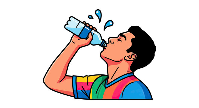 Man drinking fresh water from plastic bottle.