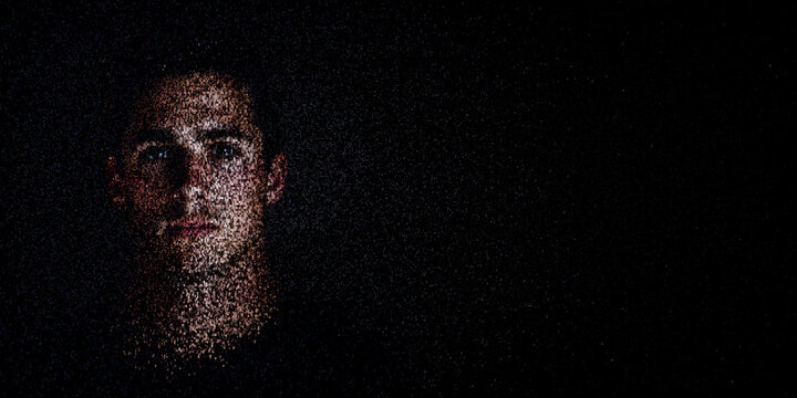 Digital ID Portrait of Man with Face made up of Data. Encryption Concept with copy-space.