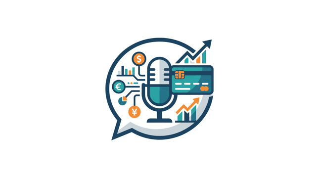 Financial podcast logo featuring a microphone with credit card and growth charts.