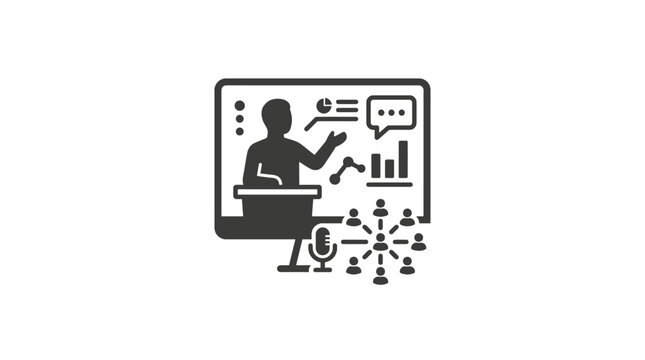 A minimalist icon depicting a presenter giving a digital presentation to a remote audience.