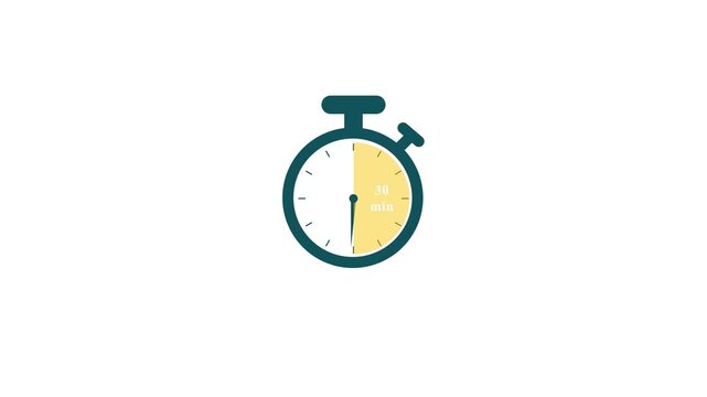 Stopwatch icon animation showing thirty minute countdown on white background with teal frame and yellow highlight for time management and productivity concept.