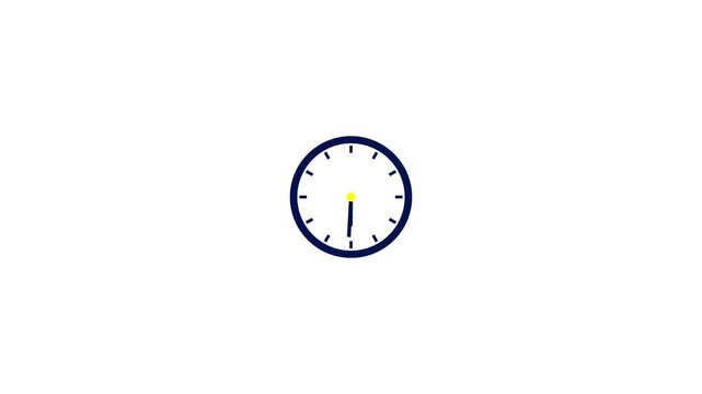 A minimalist blue and yellow clock with a yellow second hand and blue hour and minute hands quickly turns clockwise on a bright white background.