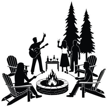 Group of friends making s'mores around a fire pit with pine trees vector artwork.