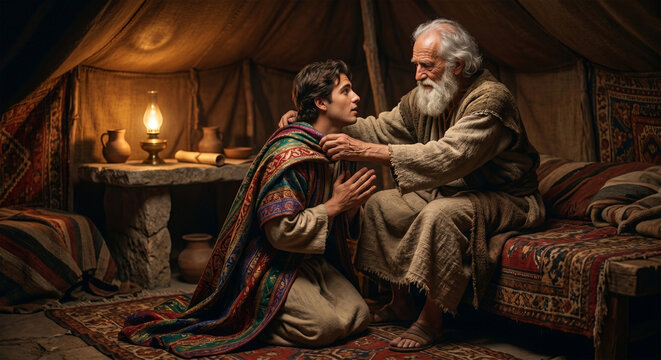 Bible story, A heartwarming, high-contrast portrait of an elderly, white-bearded Jacob gently placing the ornate, multi-colored coat onto the shoulders of a young, handsome Joseph. Joseph looks up wit
