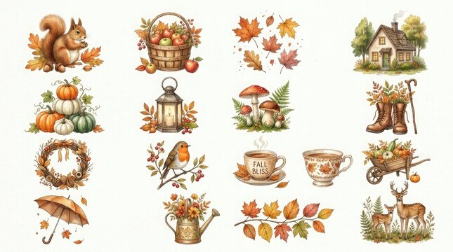 Watercolor autumn collection with squirrel pumpkins mushrooms and fall foliage elements