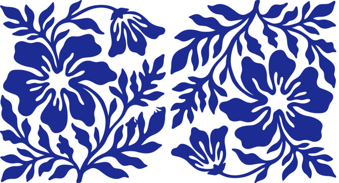 Elegant Blue Floral Vector Pattern with Intricate Leaves and Flower Silhouettes for Textile Design