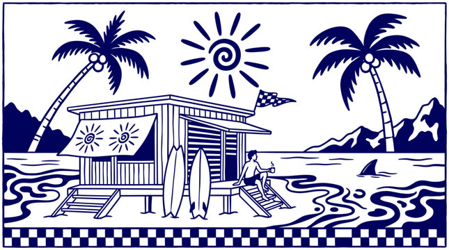 Blue and white vector illustration of a tropical beach surf shack with palm trees, surfboards, and sun