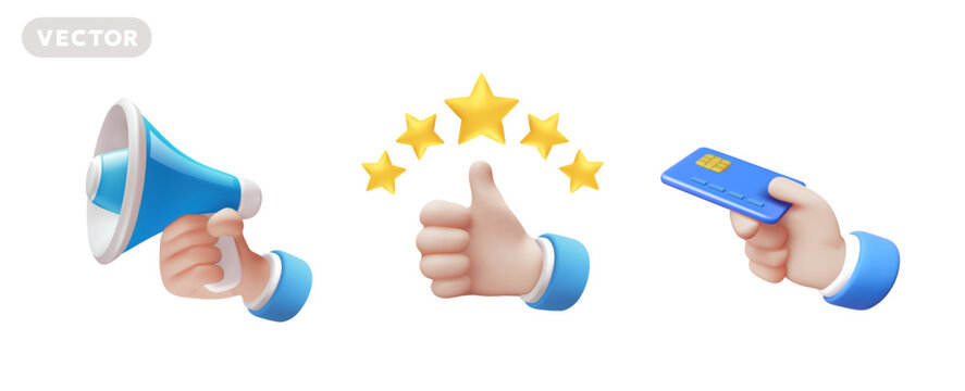 Marketing and banking 3d set, vector realistic business hand holding megaphone, credit card and showing thumbs up with golden stars isolated on white