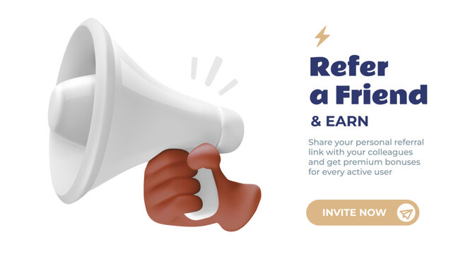 3d clean megaphone banner template, vector realistic hand holding white speaker with text for corporate announcement or business presentation