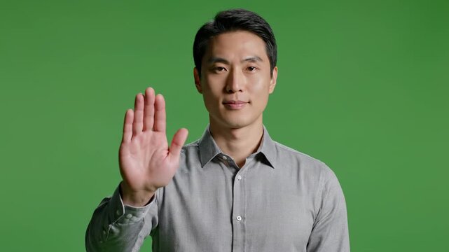 Man in shirt raising hand in greeting against green screen with subtle camera zoom out