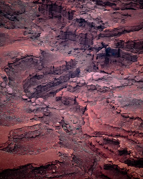 Intricate red rock canyon formations from above