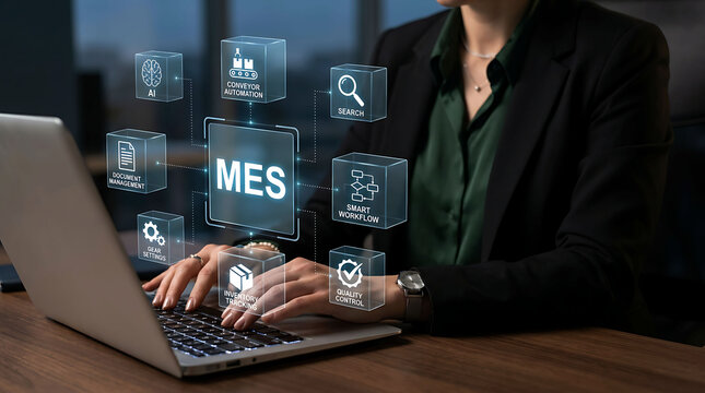 Businesswoman using laptop to manage MES Manufacturing Execution System smart workflow