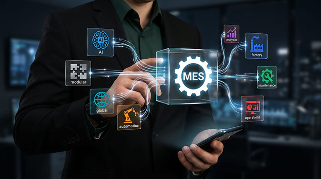 Businessman managing MES Manufacturing Execution System with modular cube interface