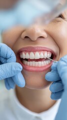 Fototapeta premium Female dentist in blue gloves examines patient's teeth with dental tool, showcasing healthy smile and bright white teeth in a clinical dental office setting