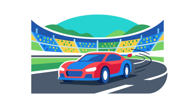 A vibrant illustration of a red and blue race car speeding on a track inside a large stadium filled with cheering spectators.