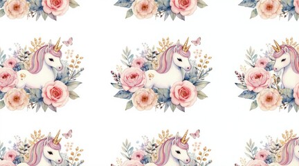 Naklejka premium Watercolor unicorn surrounded by pink roses, plants. Gentle pastel colors evoke magical, dreamy atmosphere. Butterflies flutter near mythical creature, adding whimsical charm. Sweet illustration