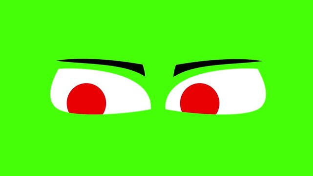 Angry Cartoon Red Eyes on Green Screen &ndash; Animated Evil Monster Gaze with Black Eyebrows Chroma Key 