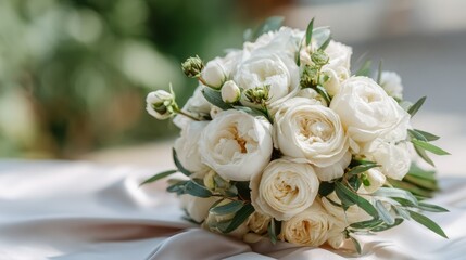 Fototapeta premium Elegant white rose bouquet arranged with greenery on a soft fabric surface, ideal for wedding ceremonies and bridal celebrations in a romantic setting
