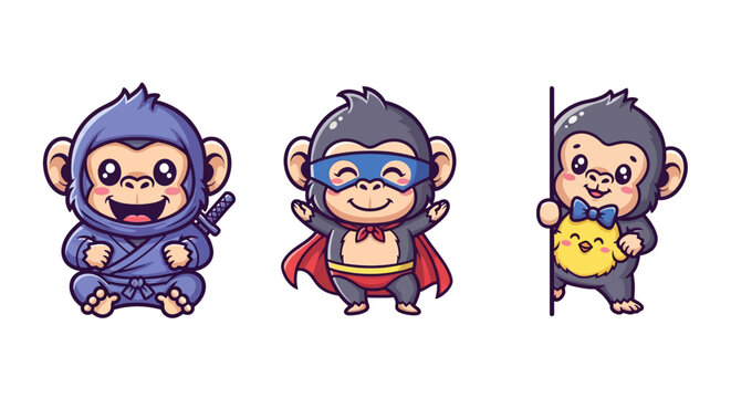 Three Cartoon Monkeys Dressed As Superheroes And Ninja.