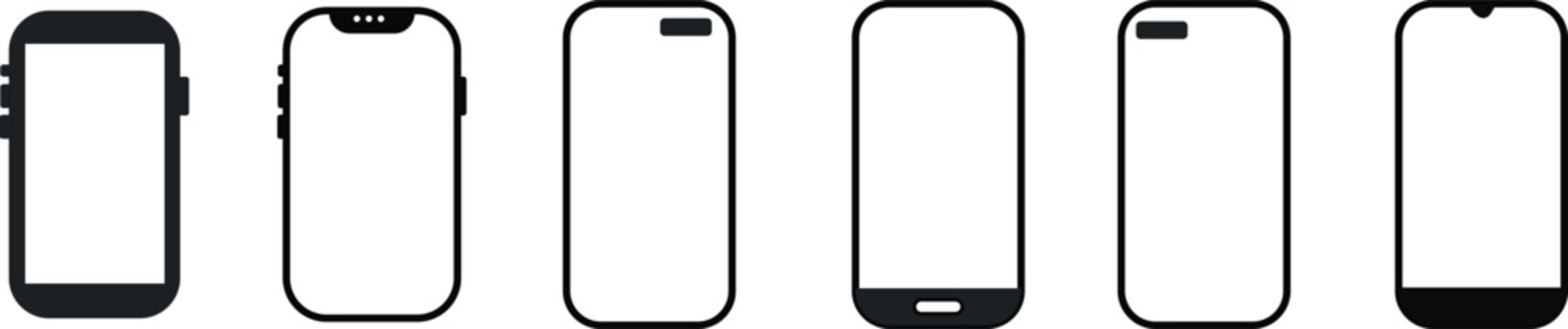Set of modern smartphone icons with different screen notch and bezel designs vector illustration