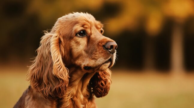 Close-up profile of a golden English Cocker Spaniel dog outdoors. The pet has long floppy ears and looks attentively to the side with a soft blurred background of autumn foliage in warm tones.