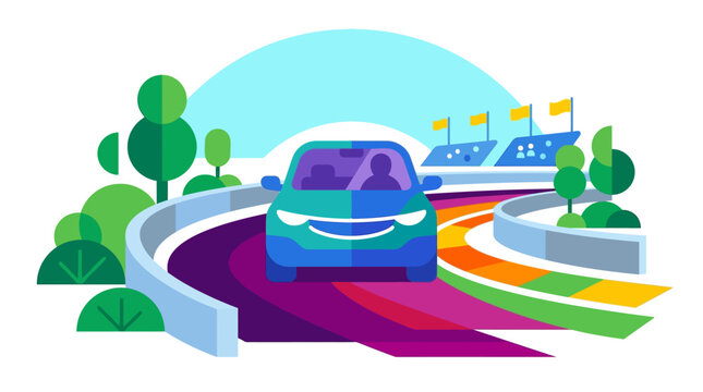 A vibrant illustration of a blue and green car with a smiling face driving on a winding purple and orange road, surrounded by green trees and a stadium in the background.
