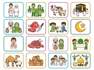 Obraz premium Colorful flat lay of 12 square icons depicting various Eid al-Adha themed illustrations on white background.