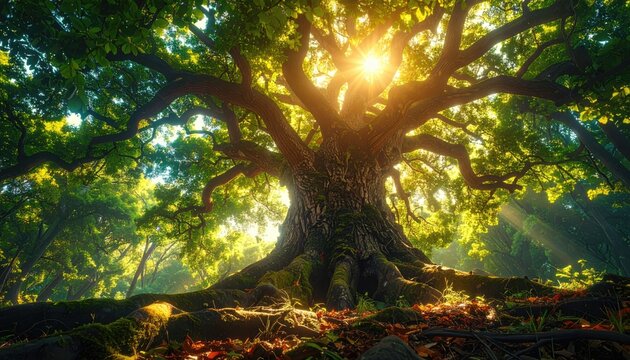 Majestic Ancient Oak Tree Bathed in Golden Sunlight.