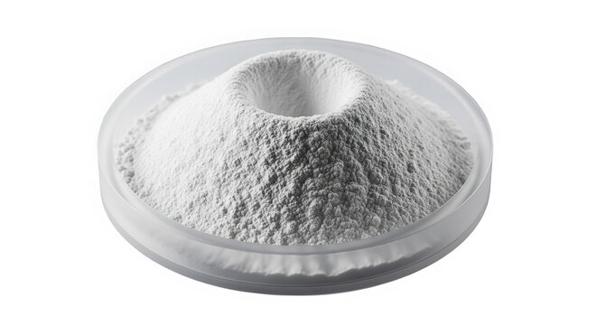 A pile of fine grayish-white powder in a shallow dish isolated on transparent background