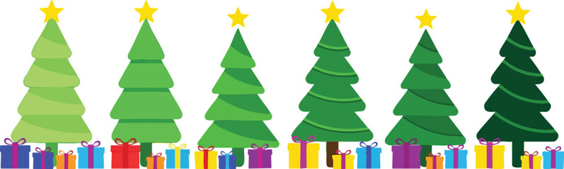 Obraz premium Row of Minimalist Green Christmas Trees Decorated With Yellow Stars and Colorful Square Gift Boxes on White Background