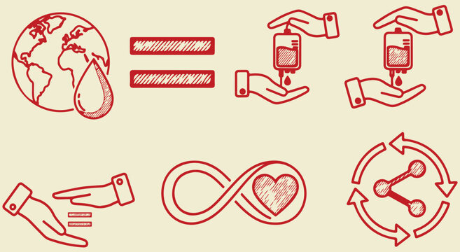 Blood donation and global sharing icons set featuring globe equals sign hands holding bag infinity heart and share symbol hand drawn vector illustration art design humanitarian aid graphic
