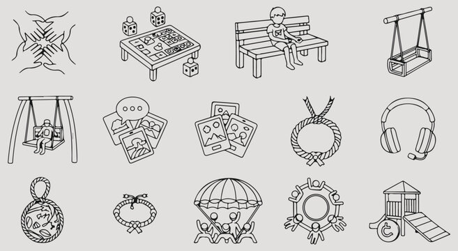 Childhood toys and recreational games icons set featuring chess bench swing cards headphones yo yo parachute and cart hand drawn vector illustration art design graphic collection for funs
