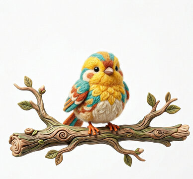 branch of tree and on a toys bird 3d clay art 