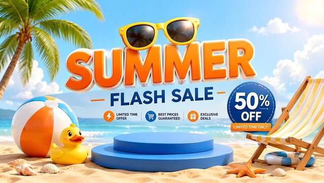 Summer flash sale promotional banner with beach elements and sunglasses