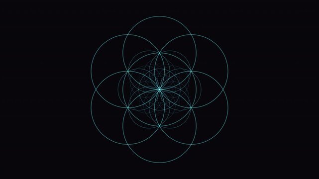 A mesmerizing seamless 4K loop of a glowing blue seed of life sacred-geometry pattern breathing in radial symmetry in rich volumetric light. Ideal for yoga studio, video overlay. 4K UHD.