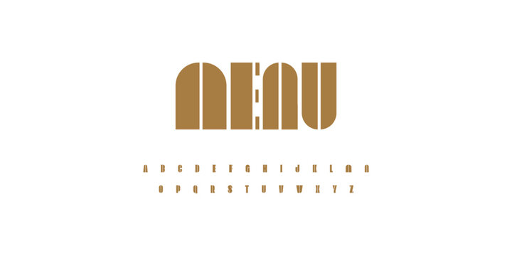 Bold condensed font gold bar alphabet for menu titles, modular geometric blocks letters for restaurant branding, editorial headlines and premium boutique poster design. Cafe sign fonts.Vector typeset.