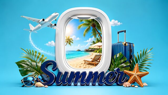 Summer travel escape concept with airplane window view to tropical beach