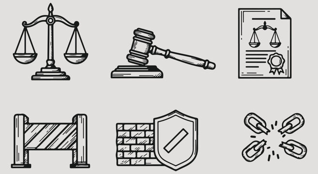 Justice law icons set with scales gavel document barrier brick wall shield and broken handcuffs hand drawn vector illustration art design graphic collection for legal system court
