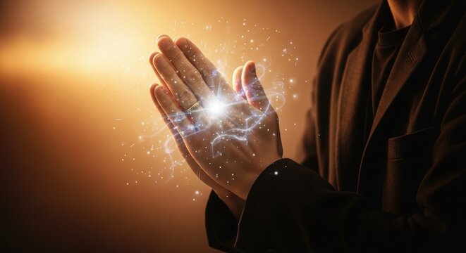 Praying Hands Emanating Magical Light and Spiritual Energy, Symbolizing Faith and Hope